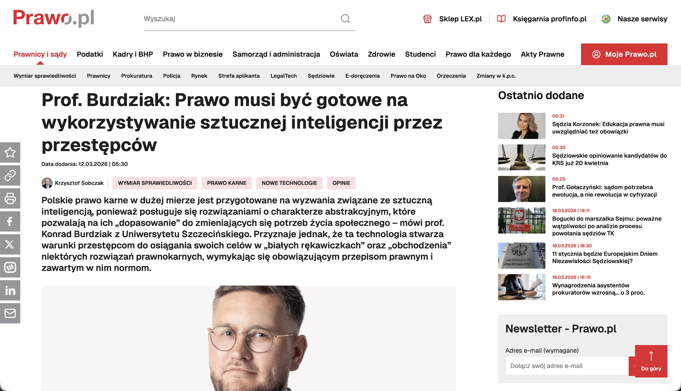 Prof. Burdziak: Prawo musi być gotowe na wykorzystywanie sztucznej inteligencji przez przestępców